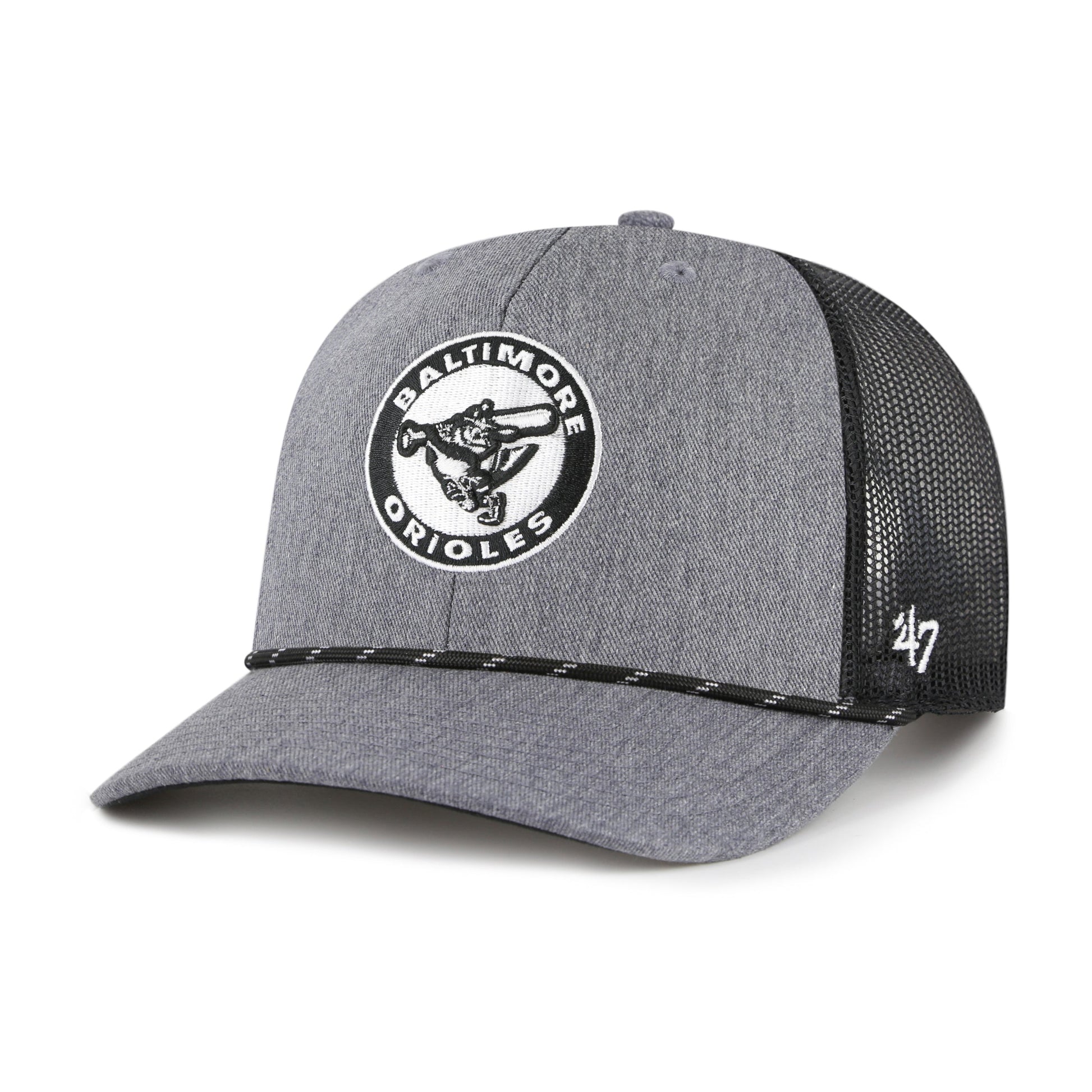 BALTIMORE ORIOLES COOPERSTOWN CARBON ROPE '47 TRUCKER CHARCOAL