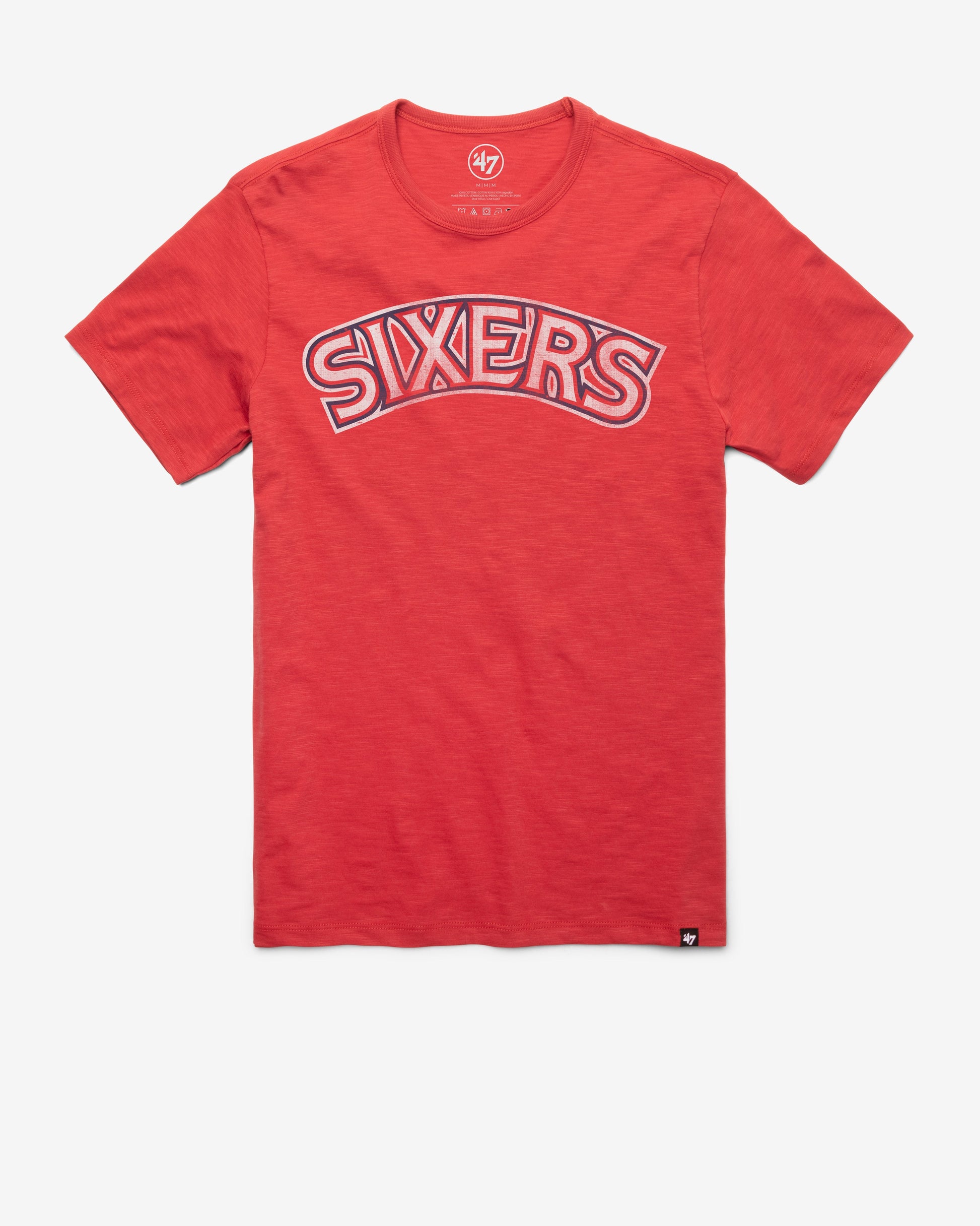 PHILADELPHIA 76ERS HARDWOOD CLASSICS GRIT WORDMARK '47 SCRUM TEE RESCUE RED